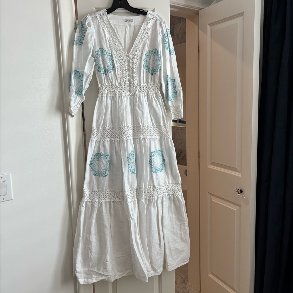 Tyler Boe White and Blue Tiered Sundress with Bishop Sleeves